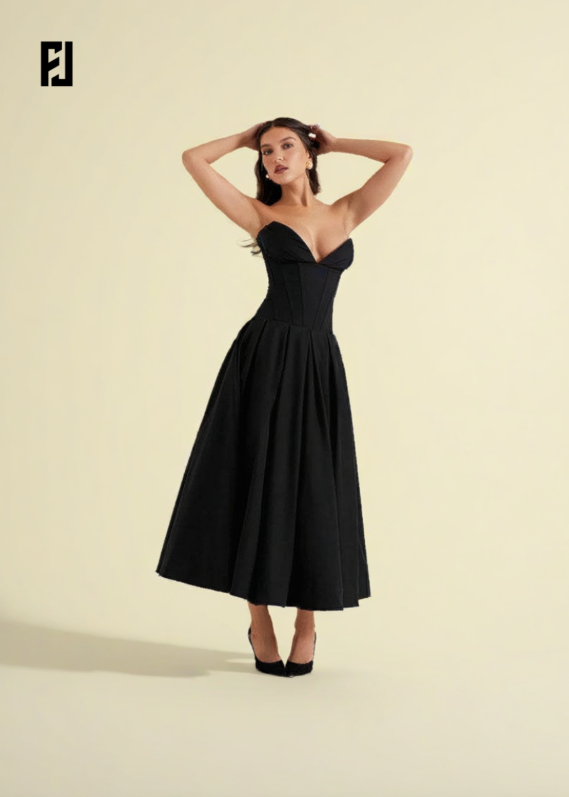 Robe Noire Élégante – Sans Bretelles & Style Corset, Coupe Midi