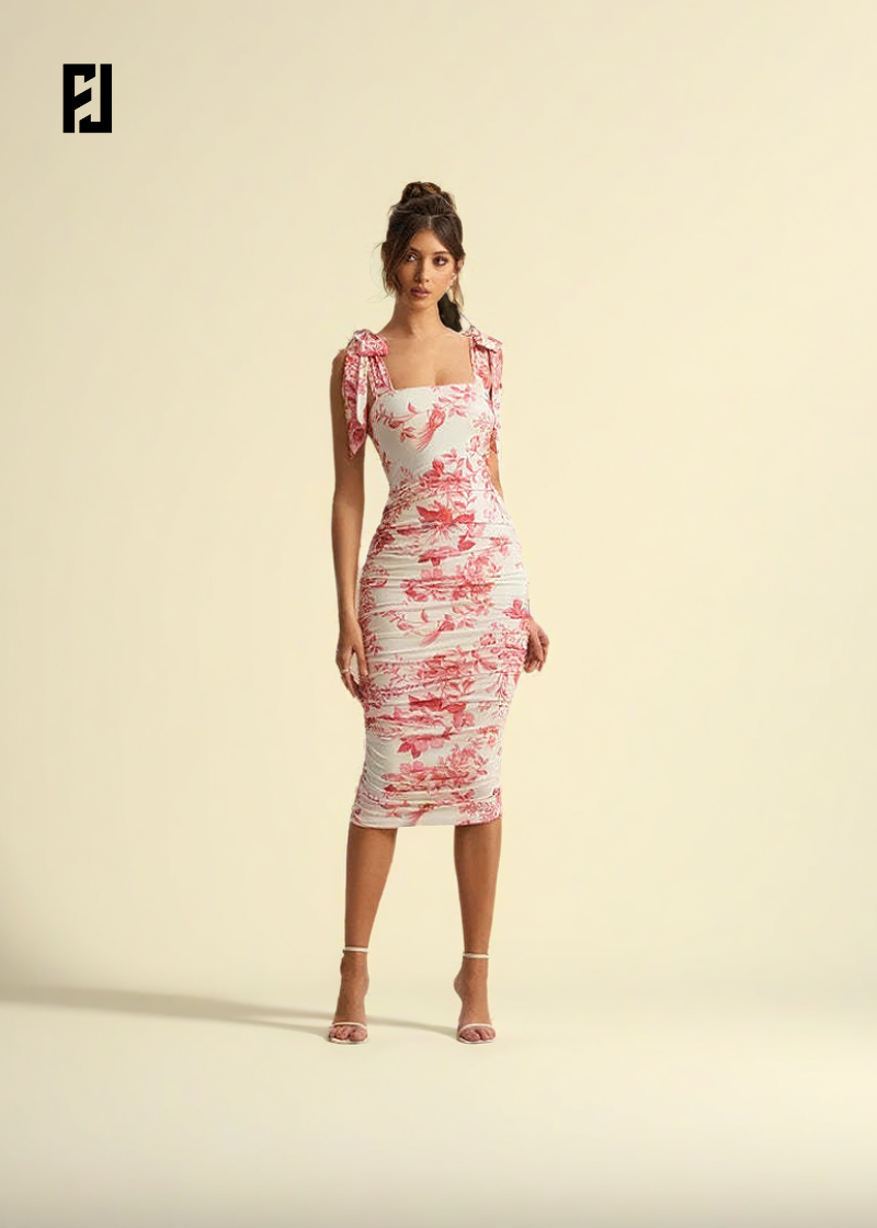 Robe Midi Été – Imprimé Fleuri, Dos Nu & Coupe Bodycon Froncée