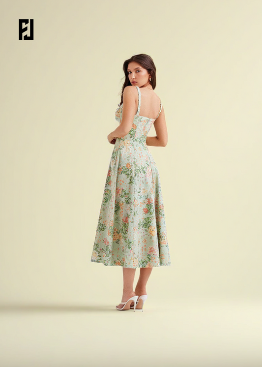 Robe d'Été | Verte Élégante à Imprimé Floral & Lacets