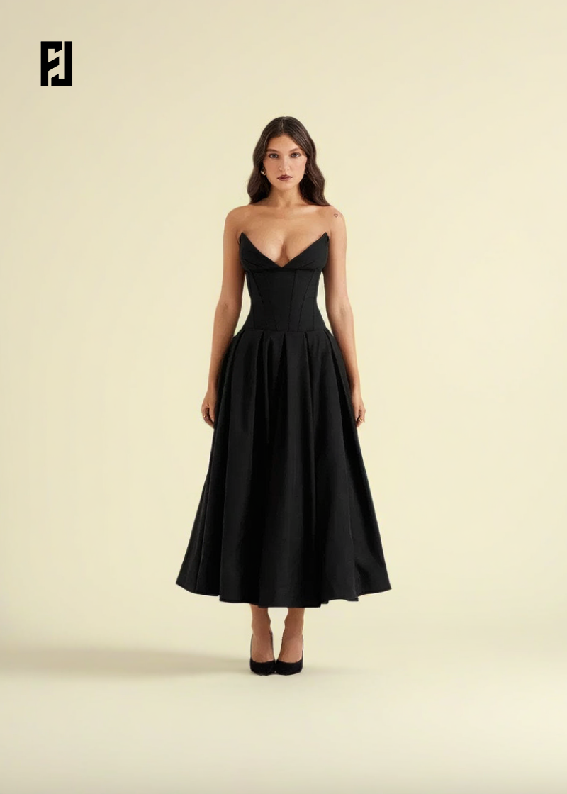 Robe Noire Élégante – Sans Bretelles & Style Corset, Coupe Midi