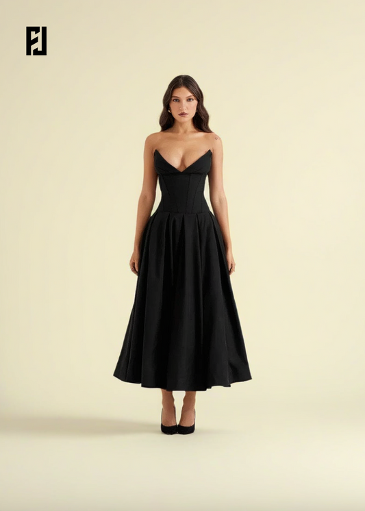 Robe Noire Élégante – Sans Bretelles & Style Corset, Coupe Midi