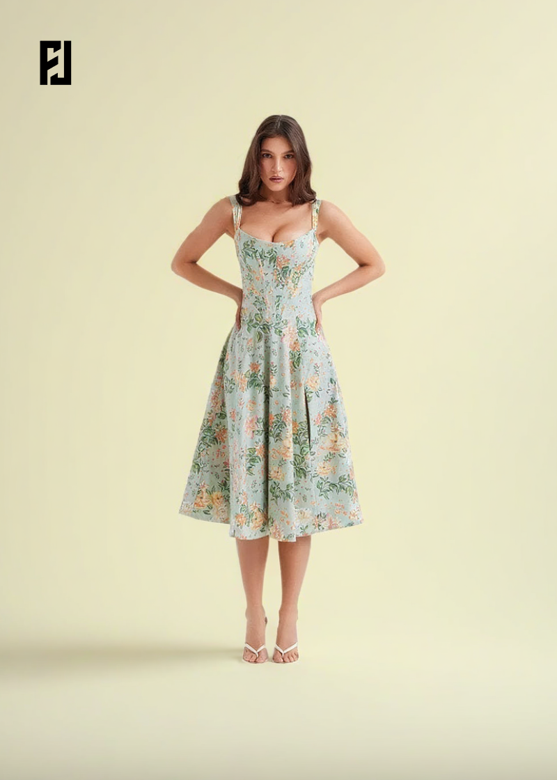 Robe d'Été | Verte Élégante à Imprimé Floral & Lacets