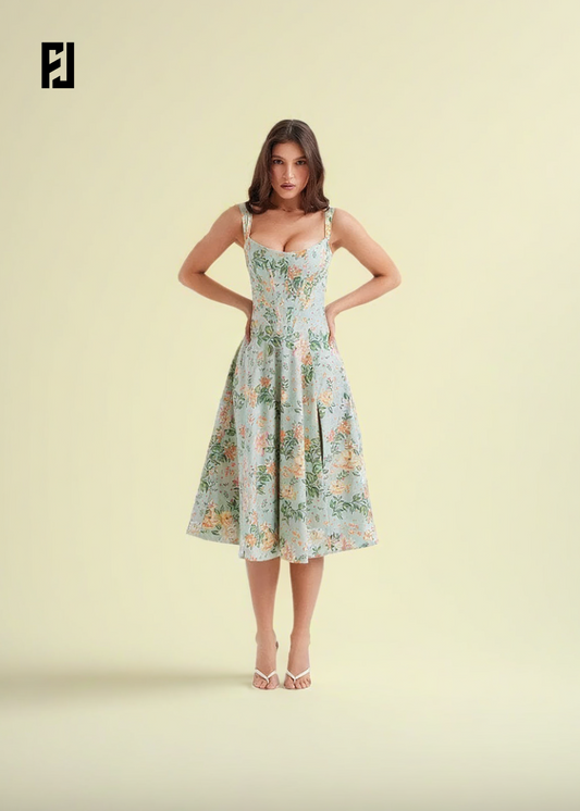 Robe d'Été | Verte Élégante à Imprimé Floral & Lacets