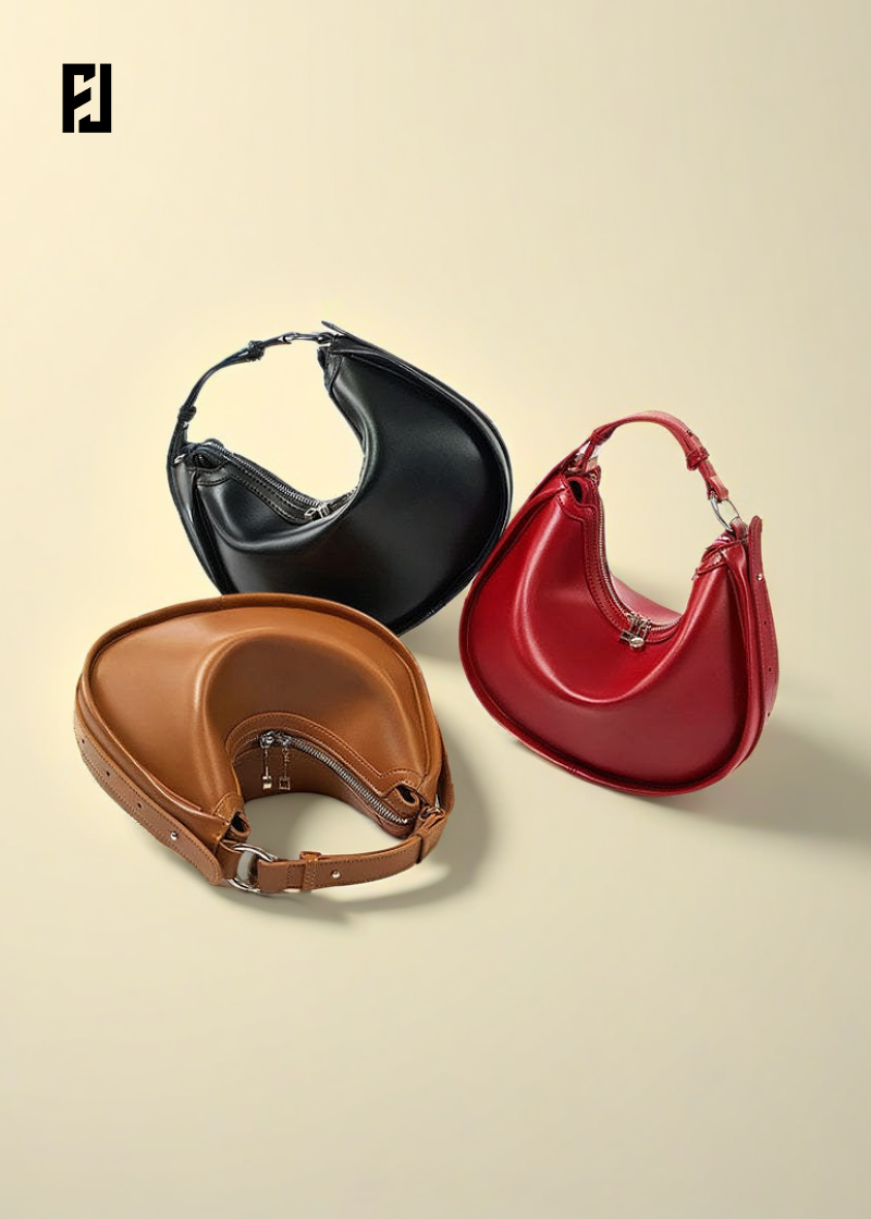 Trois sacs à main croissant en cuir: noir, rouge et caramel avec descoutures élégantes