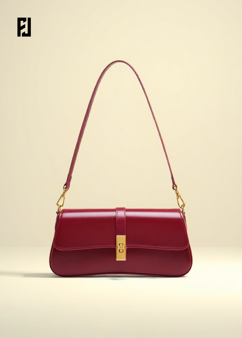 Sac baguette en cuir bordeaux de Fondelier avec fermeture à boucle dorée élégante