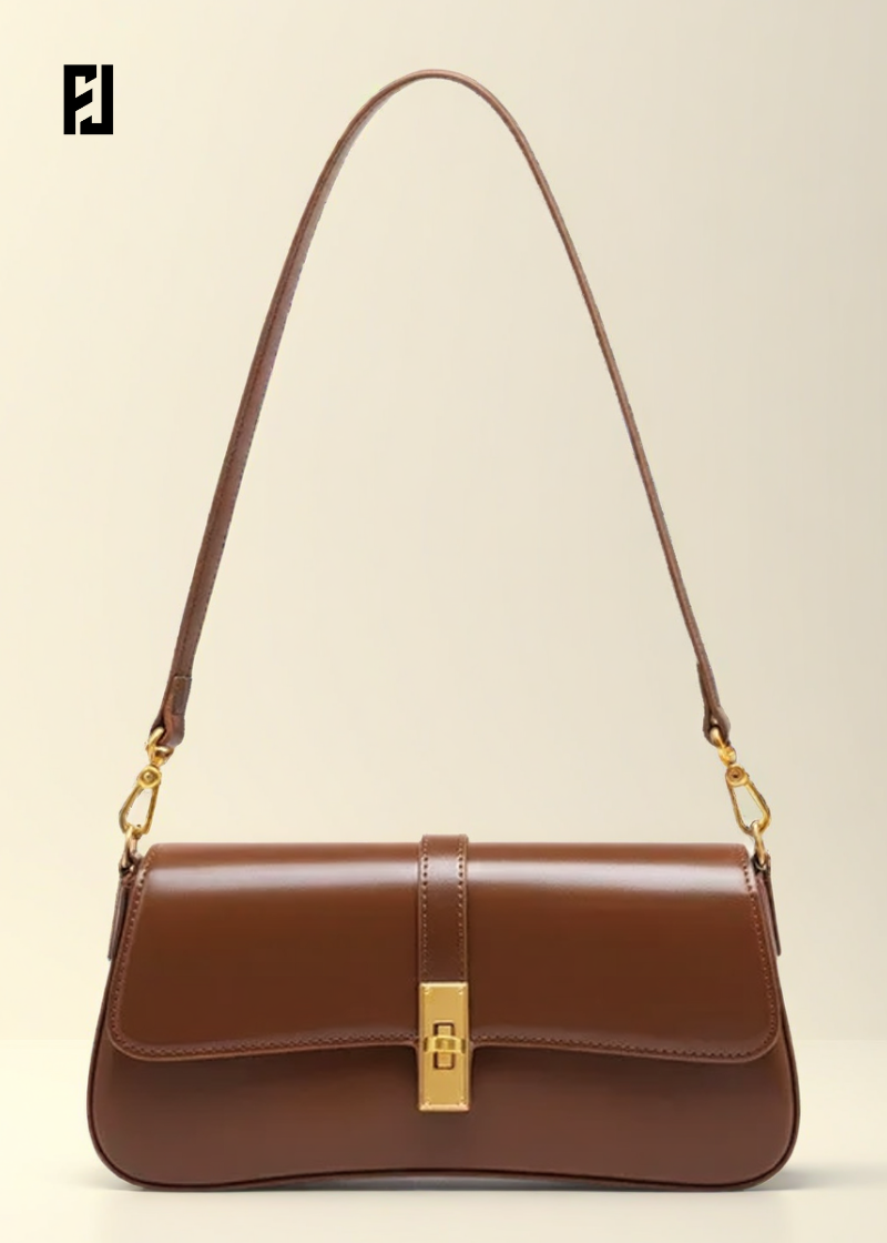 Sac baguette en cuir marron Fondelier avec bandoulière et fermeture dorée élégante