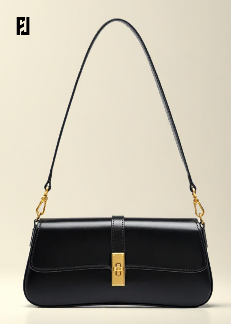 Sac baguette en cuir noir Fondelier avec fermeture dorée et anse fine élégante