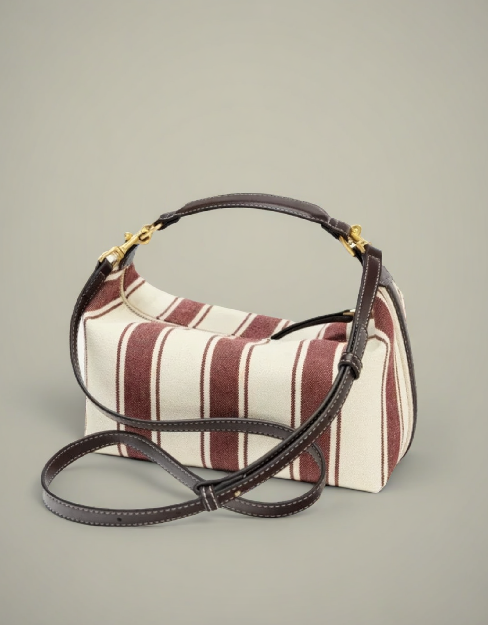 Sac baguette rayé femme en toile beige et marron avec bandoulière ajustable