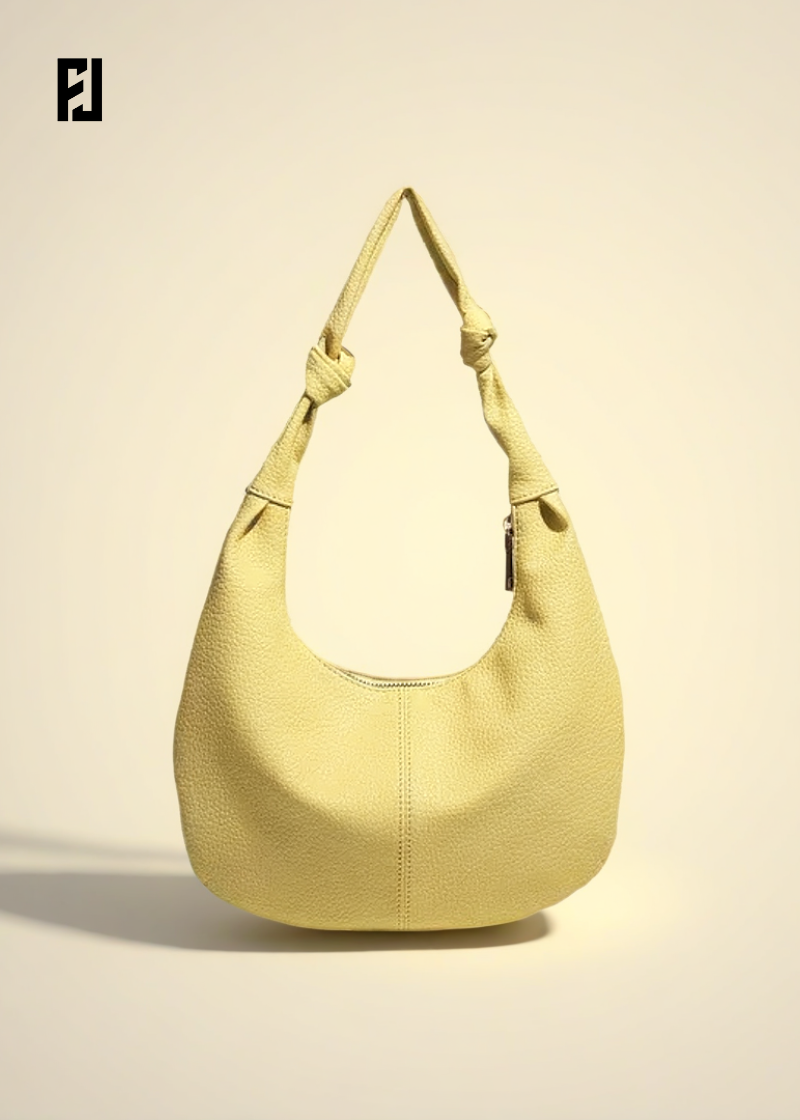 Sac demi-lune cuir femme jaune vintage avec anse nouée par Fondelier