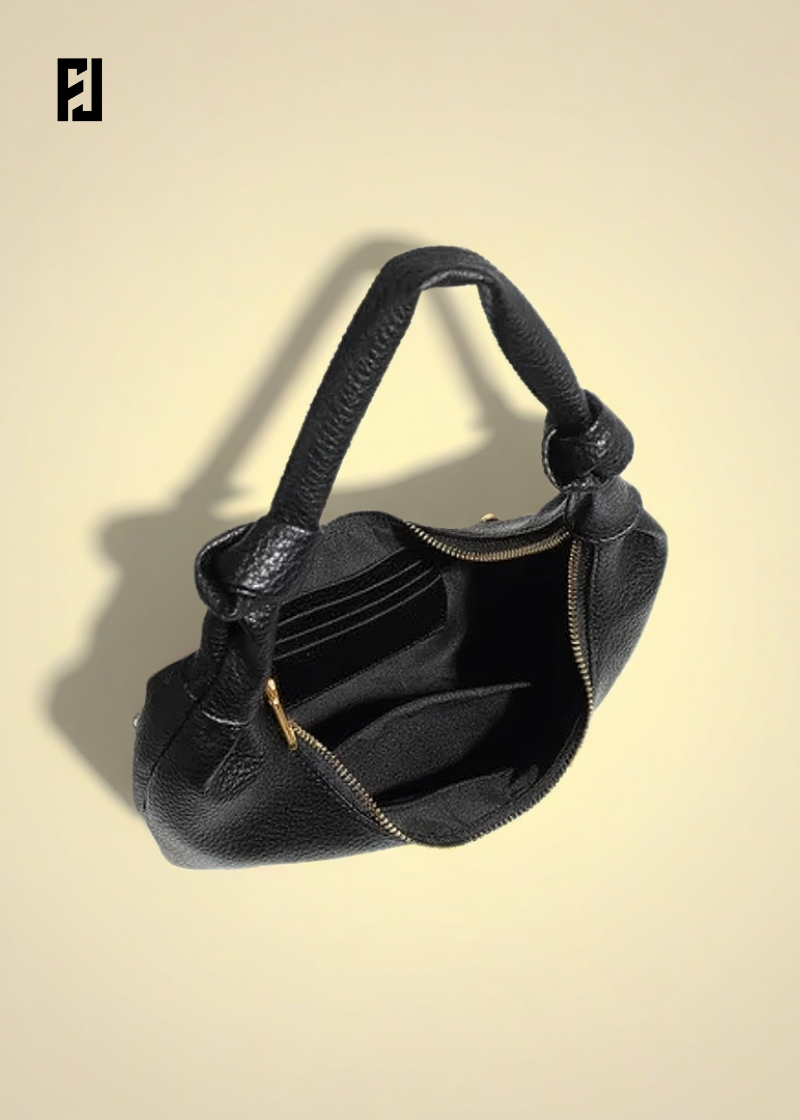 Sac demi-lune cuir femme noir Fondelier avec anse nouée et fermeture éclair dorée