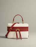 Sac femme rigide toile en beige et rouge avec double fermeture éclair et bandoulière ajustable