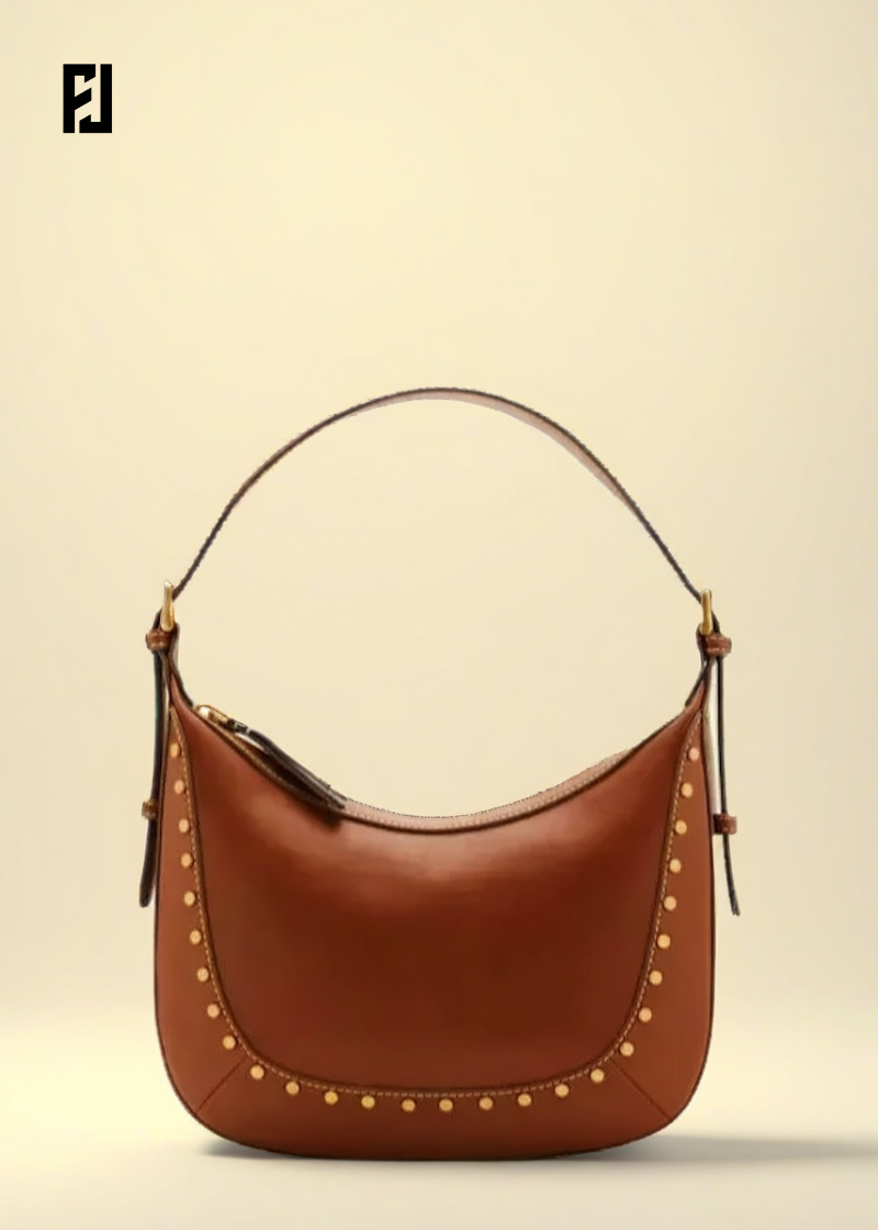 Sac épaule demi-lune punk en cuir marron