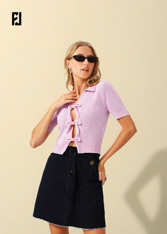 Top Femme Chic Été – Style Streetwear, Col Revers, Manches Courtes, Détails Noués